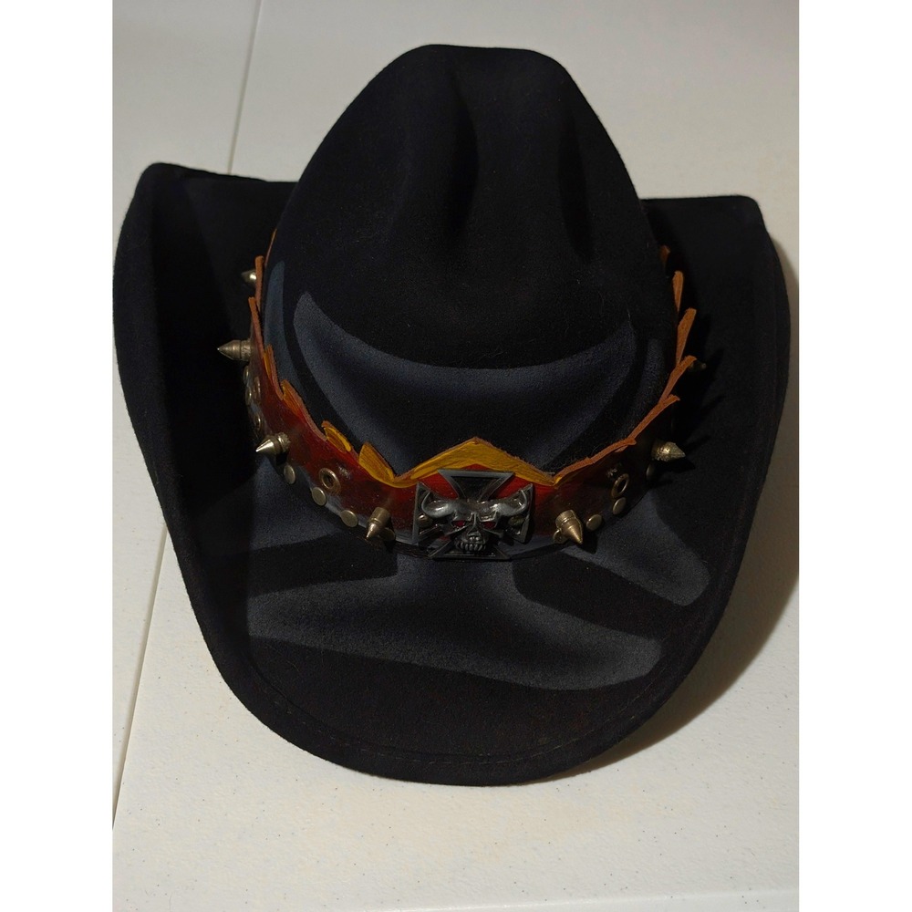 Bullhide Ghost Rider Cowboy Hat Mens M Black Wool Felt Skull Spikes Western